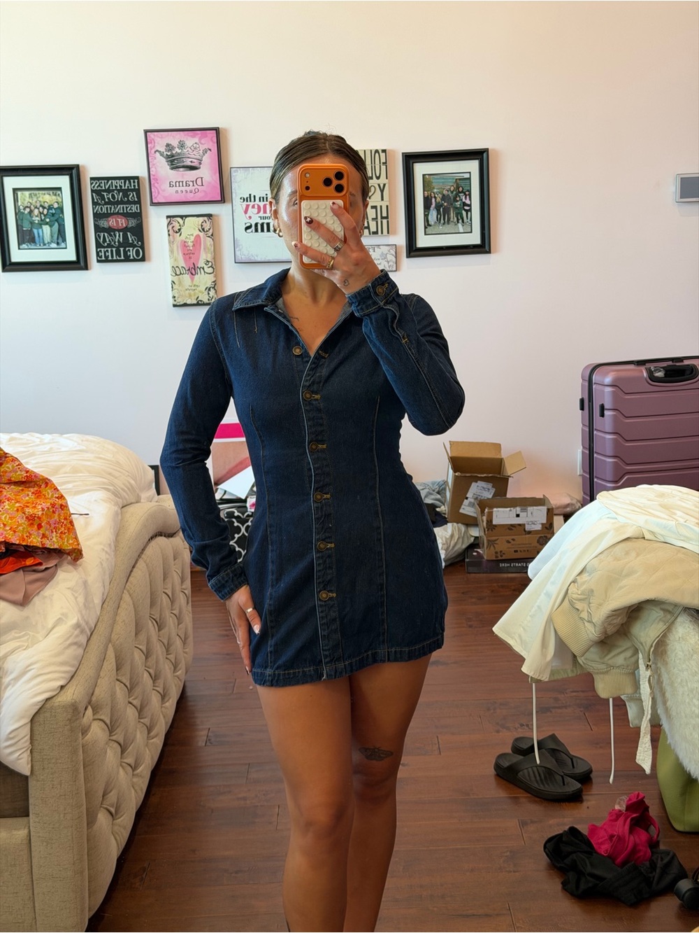 White Fox Boutique Dark Blue Denim Mini Shirt Dress